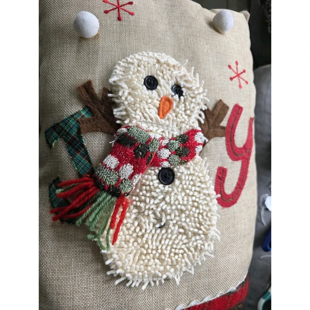 Cracker‎ Barrel Christmas Pillow JOY Snowman Rustic Farmhouse Plaid/Burlap